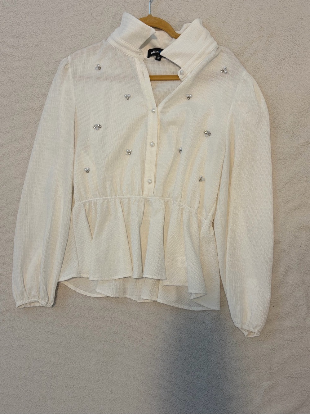 Alice + Olivia Ivory Peplum Blouse with Crystal Accents